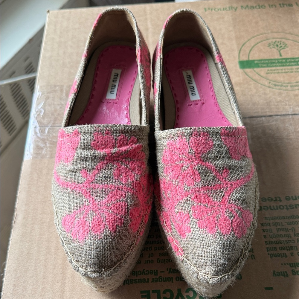 Miu Miu Tan and Pink Floral Espadrilles
